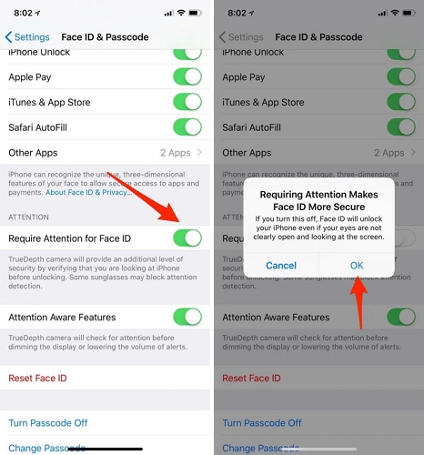 Require Attention for Face ID on | Turn Off Biometrics on iPhone