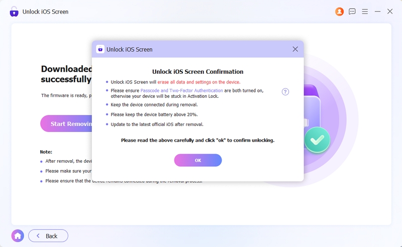 click Start Removing | Turn Off Biometrics on iPhone