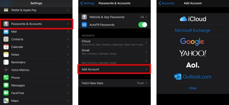 choose Add Account | iPhone Deleted Email Recovery
