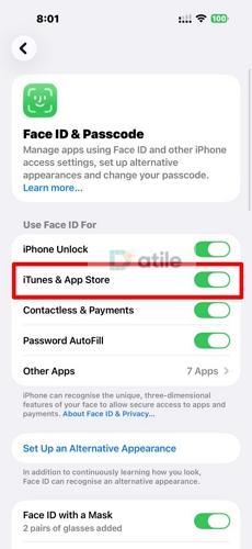 toggle on iTunes & App Store | Download Apps with Face ID