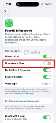 toggle off iTunes & App Store | Download Apps with Face ID