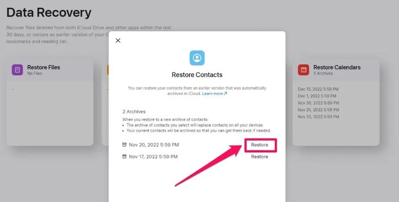 tap Restore | Recover Contacts from iCloud to iPhone