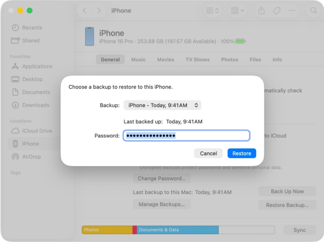 click Restore Backup in iTunes | Recover Deleted Voice Messages on iPhone